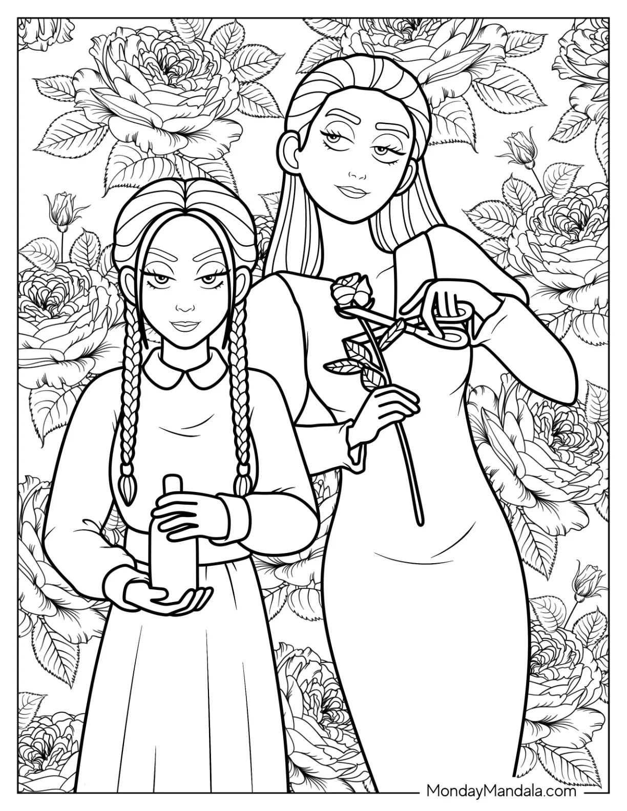 Cartoon Morticia Addams Cutting A Rose Next To Wednesday Coloring Page coloring page — printable line art