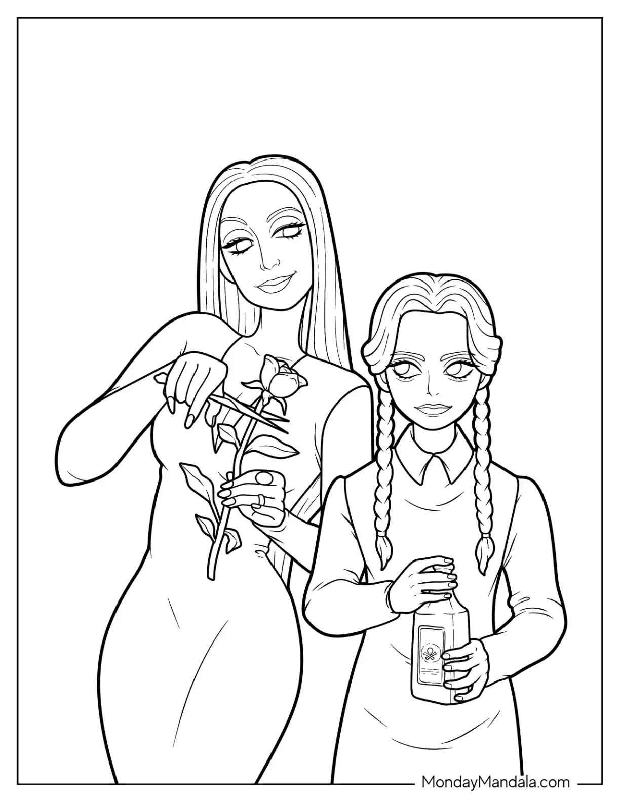 Easy Morticia Addams Holding Rose With Wednesday Coloring Page coloring page — printable line art