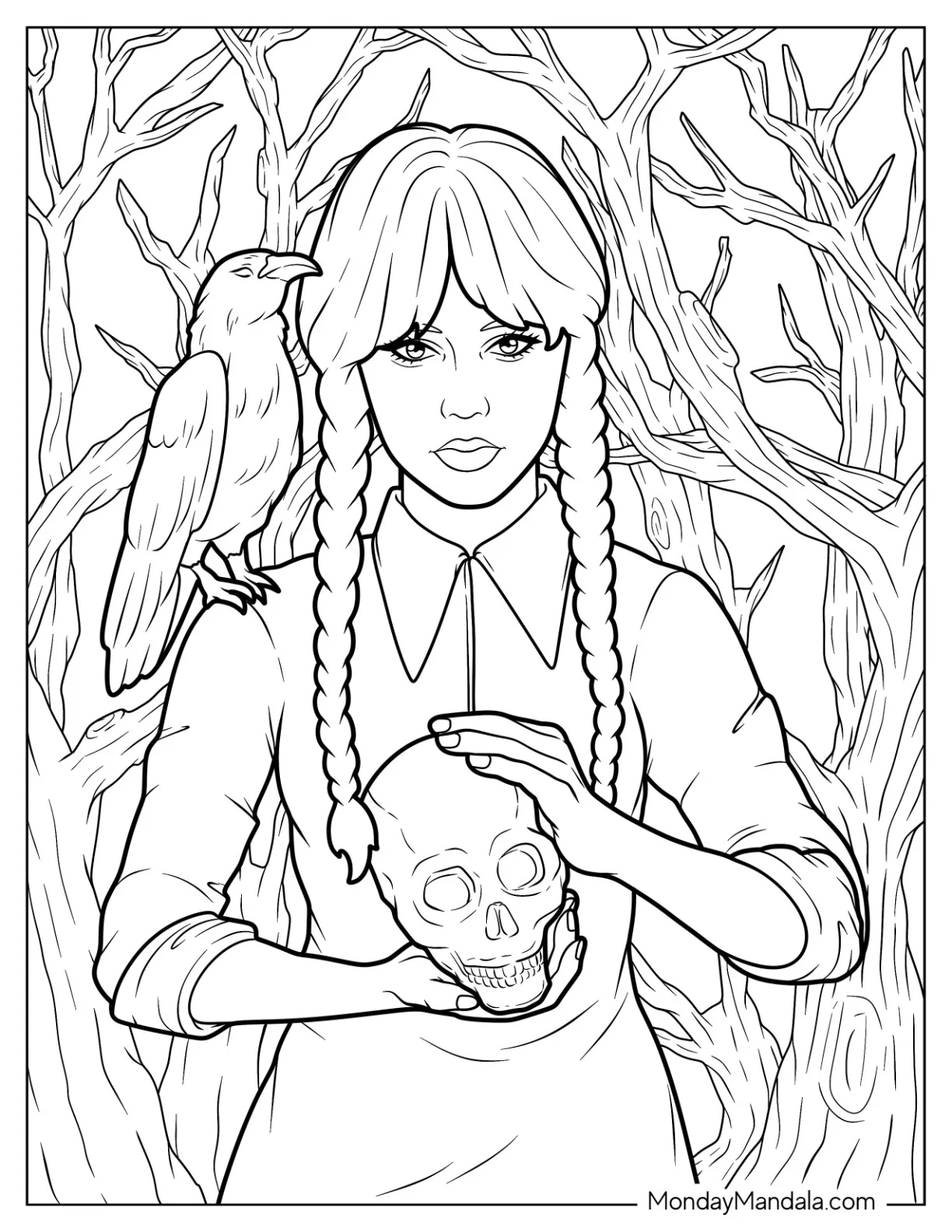 Jenna Ortega Wednesday Coloring Page With Crow On Shoulder While Holding Skull coloring page
