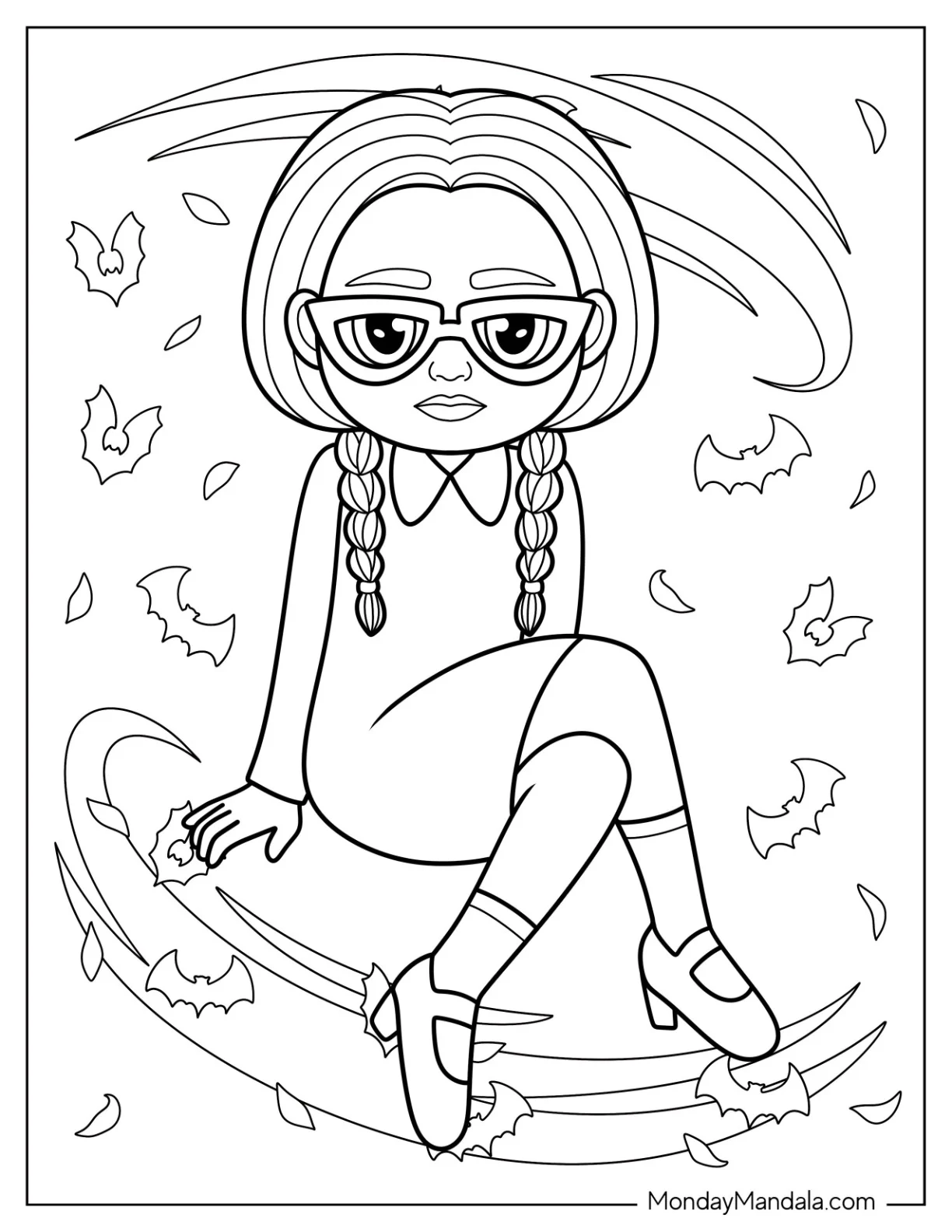 Nerdy Wednesday Coloring Page Wearing Eyeglasses For Kids coloring page