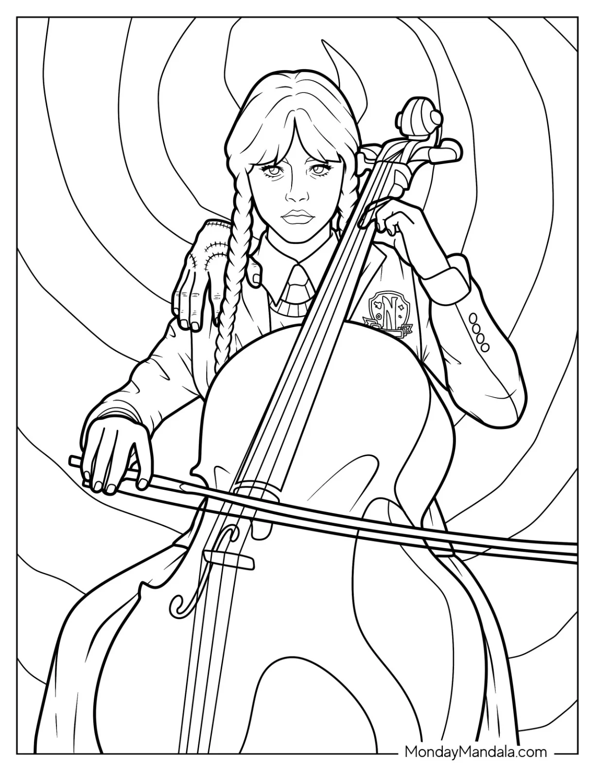 Realistic Wednesday Coloring Page Playing Cello With Thing On Her Shoulder coloring page