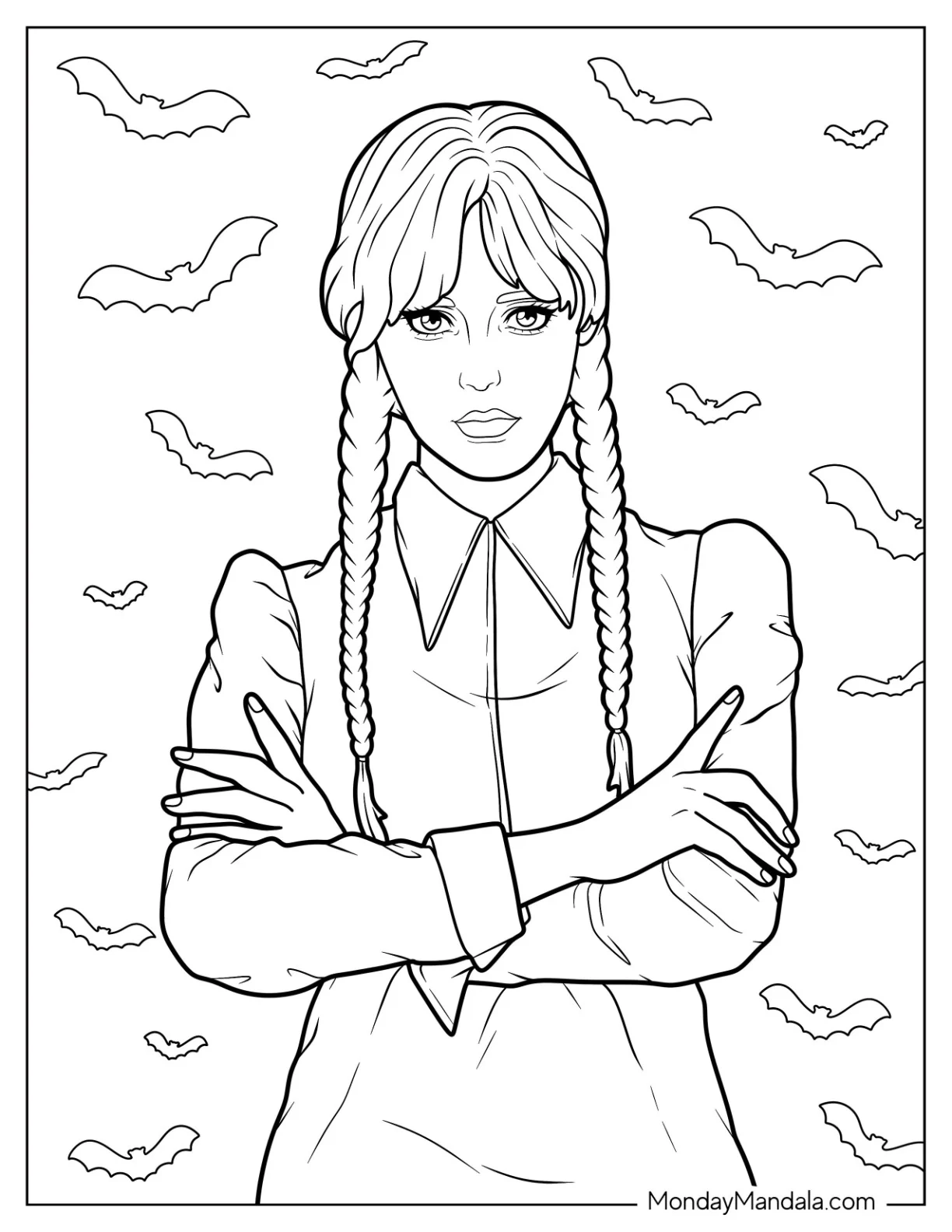 Realistic Wednesday Coloring Page With Bats In Background coloring page — printable line art