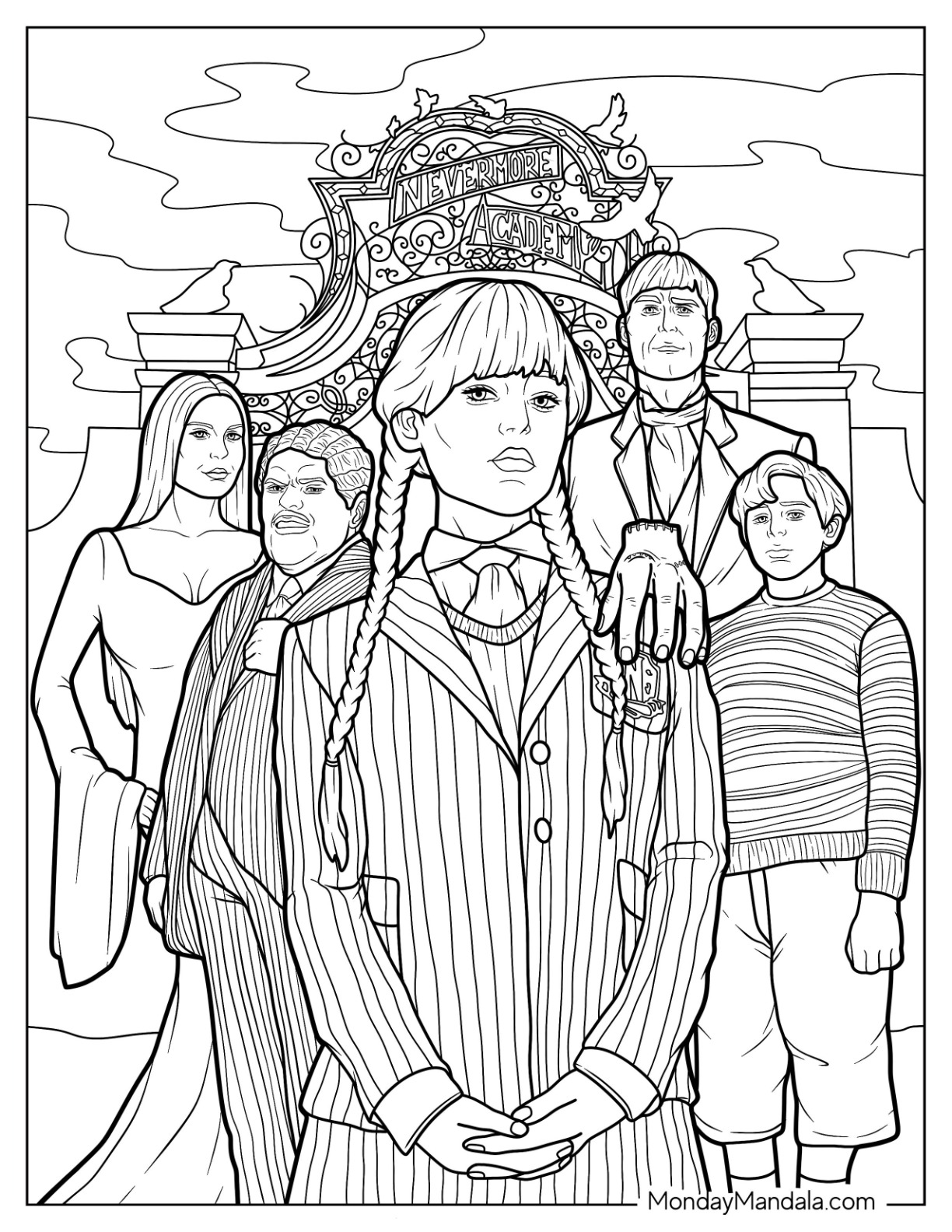 Realistic Wednesday Coloring Page  With Thing, Morticia, Gonzalez, Pugsley, And Lurch In Front Of Nevermore coloring page