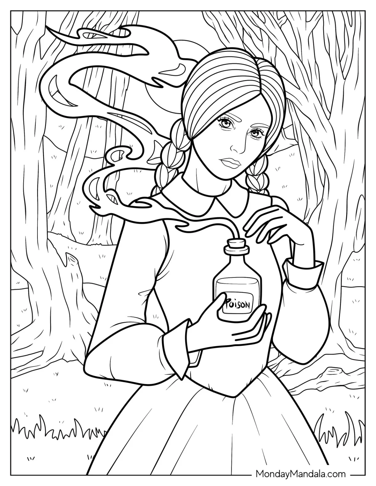 Wednesday Coloring Page Holding A Bottle Of Poison In The Forest coloring page