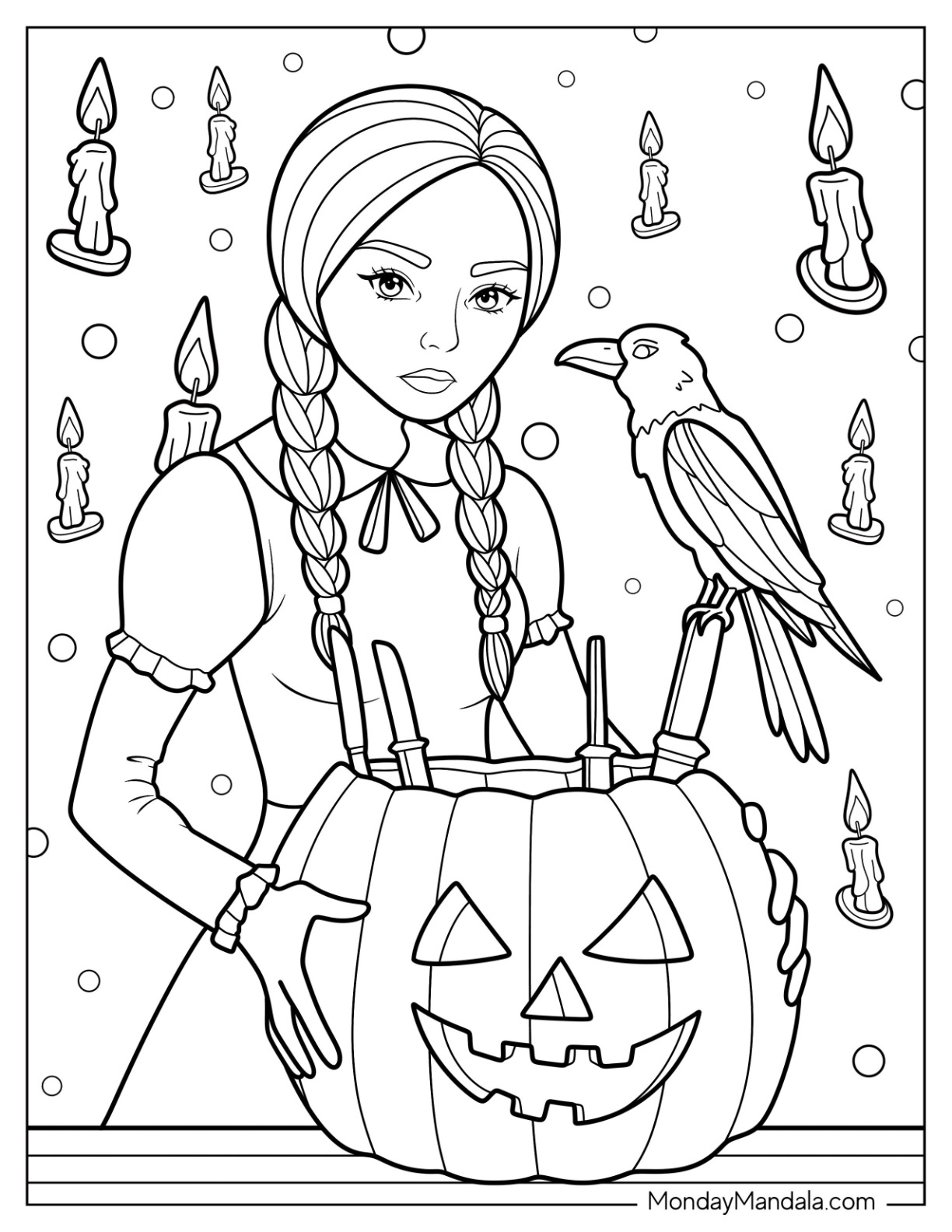 Wednesday Coloring Page Holding A Jack O Lantern Full Of Knives coloring page