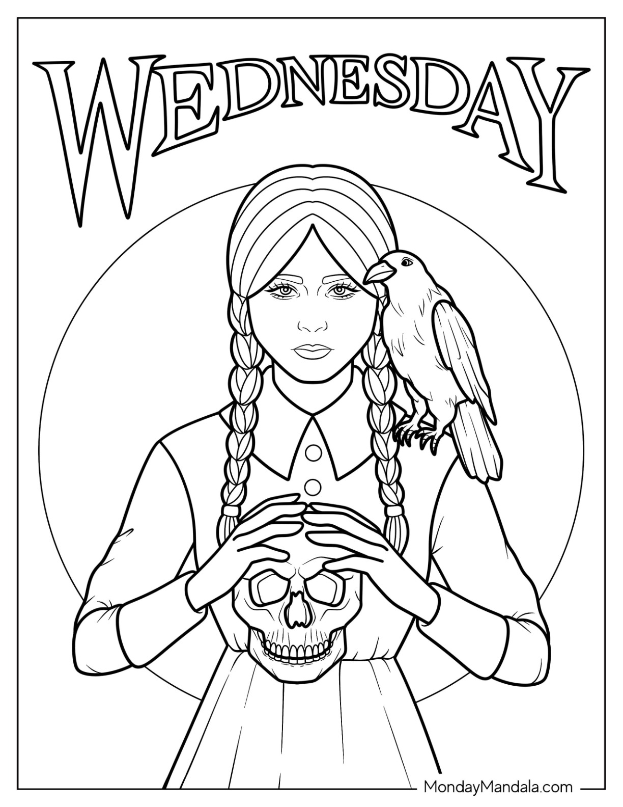 Wednesday Coloring Page Holding A Skull With A Crow On Her Shoulder coloring page
