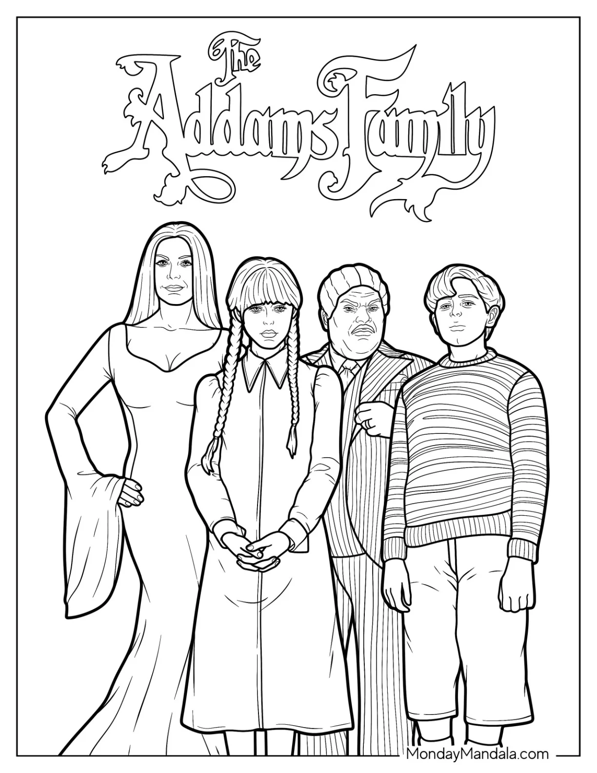 Wednesday Coloring Page Of Addams Family Poster With Morticia, Pugsley, And Gomez coloring page — printable line art