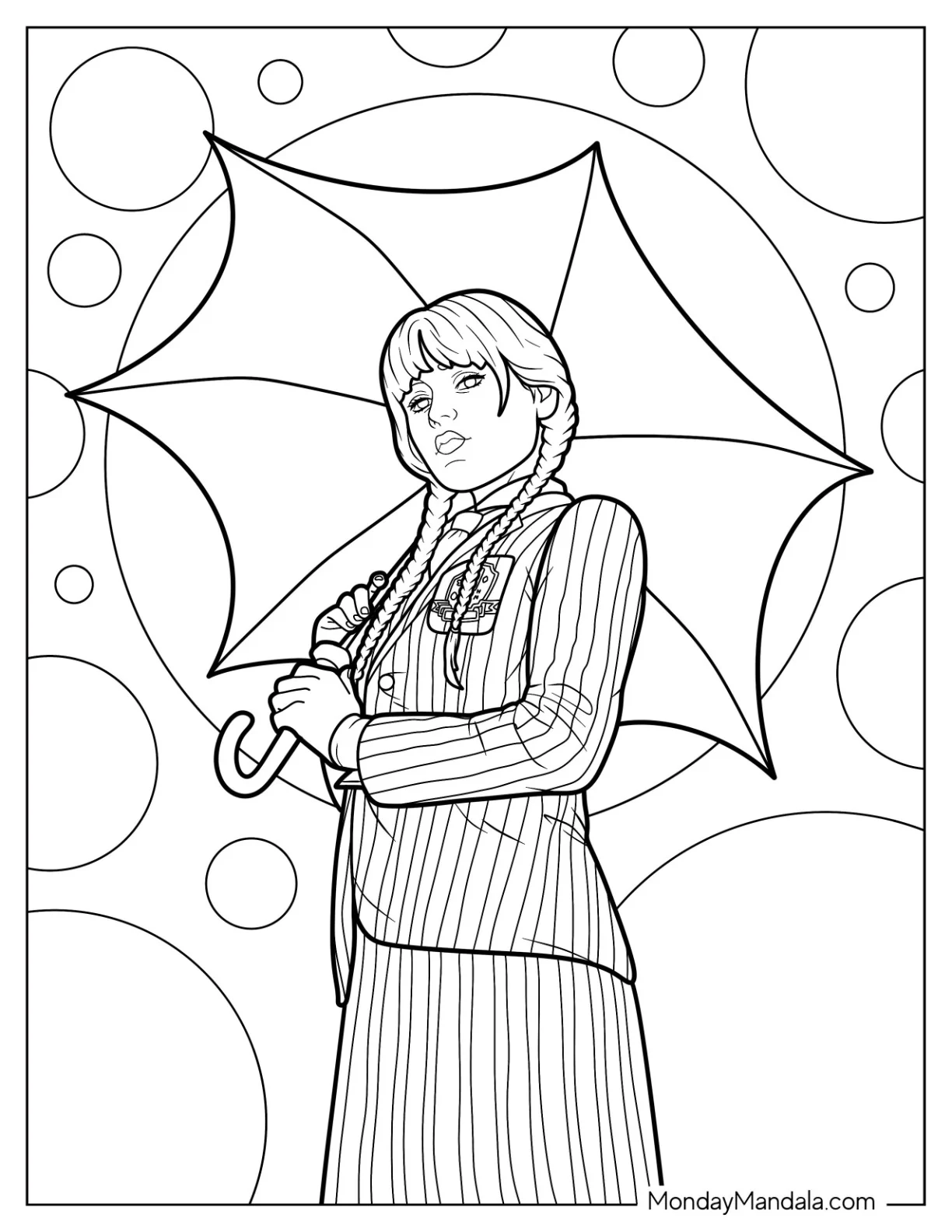 Wednesday Coloring Page Of Jenna Ortega In Nevermore Uniform While Holding Umbrella coloring page