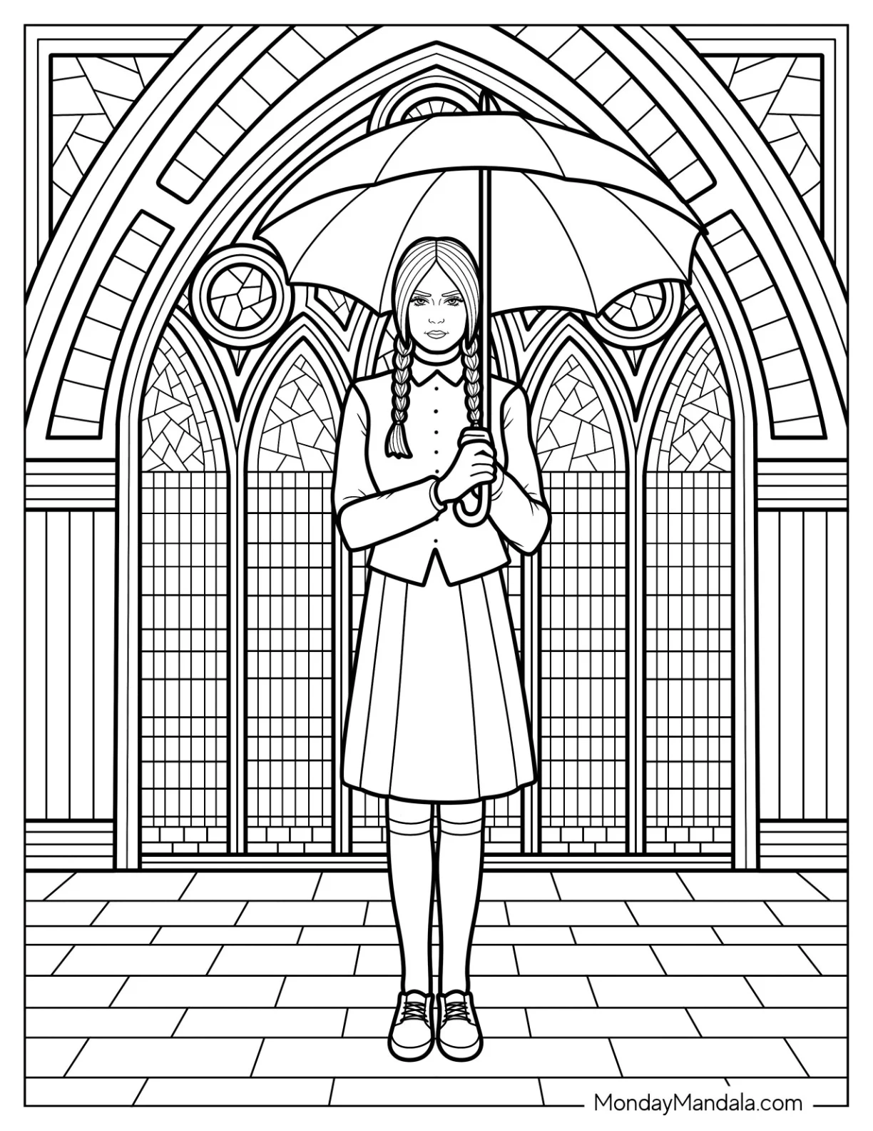 Wednesday Coloring Page Standing Outside Of Nevermore Academy With An Umbrella coloring page