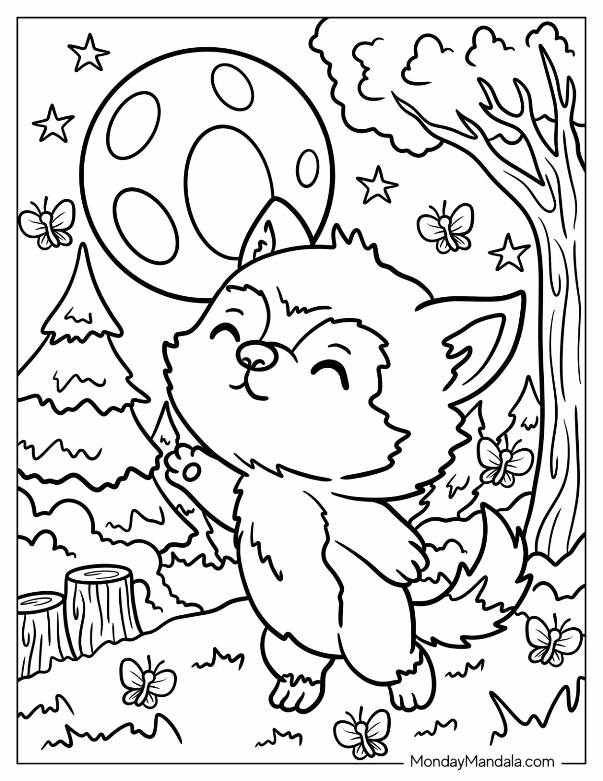 Baby Werewolf Coloring Page Playing with Butterflies on a Full Moon for Preschoolers coloring page