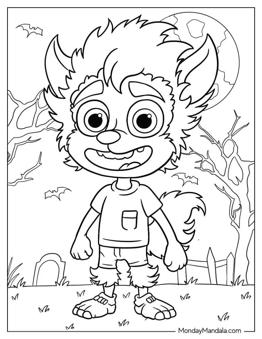 Cartoon Werewolf Coloring Page Smiling In Graveyard coloring page