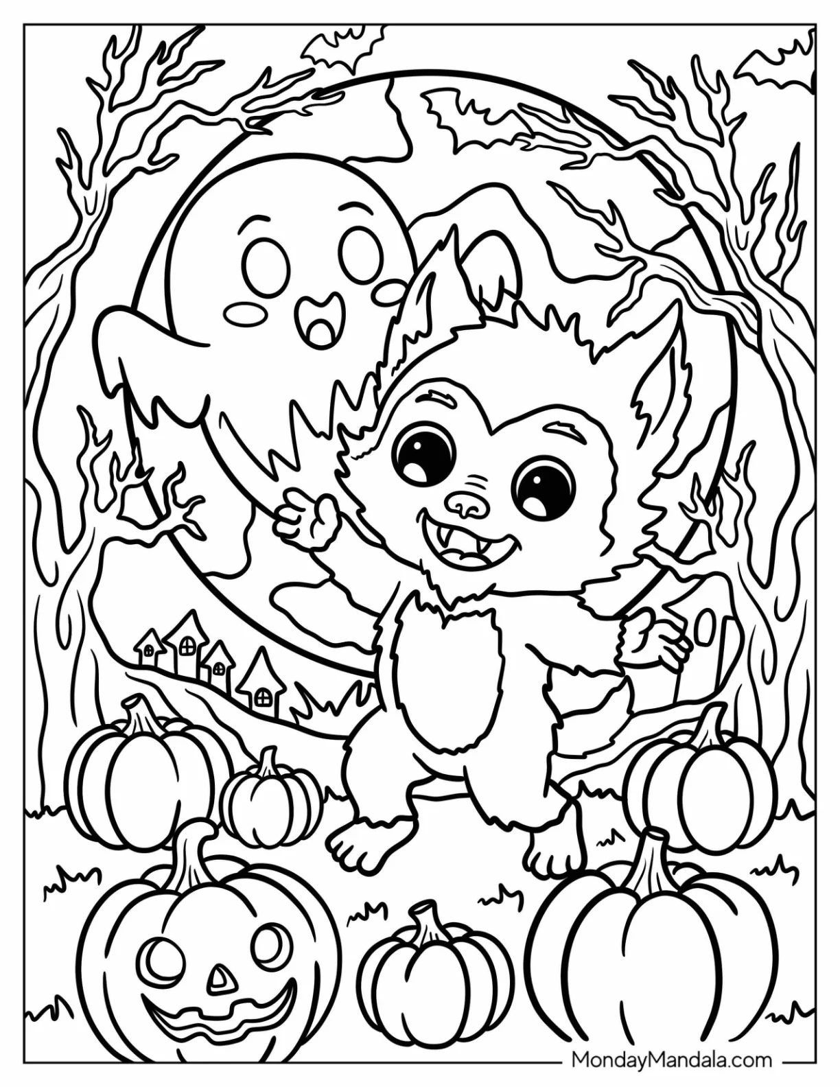 Cute Werewolf Coloring Page Dancing with a Ghost in a Haunted Forest for Kids coloring page
