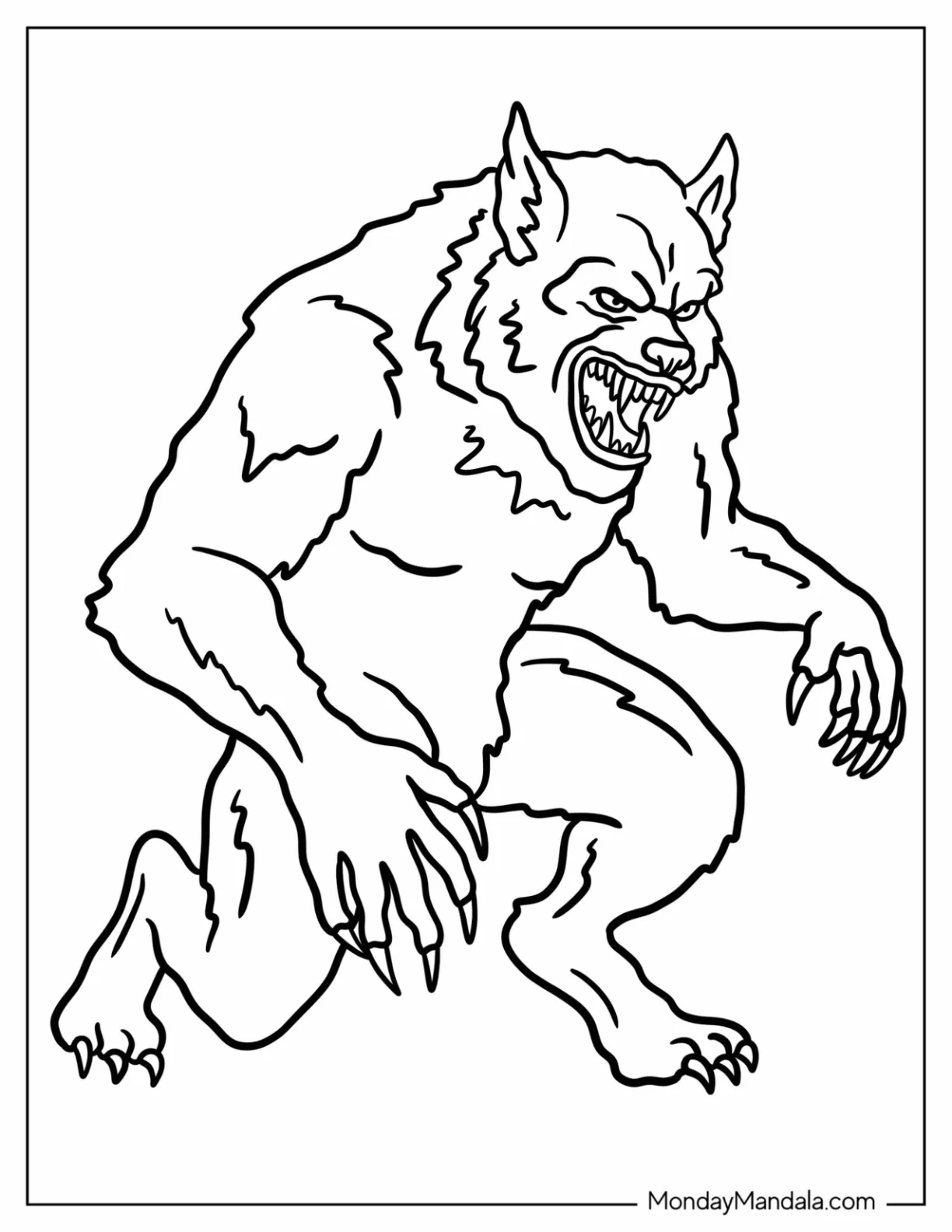 Easy Werewolf Coloring Page Outline with Sharp Claws and Long Ears for Kids coloring page — printable line art