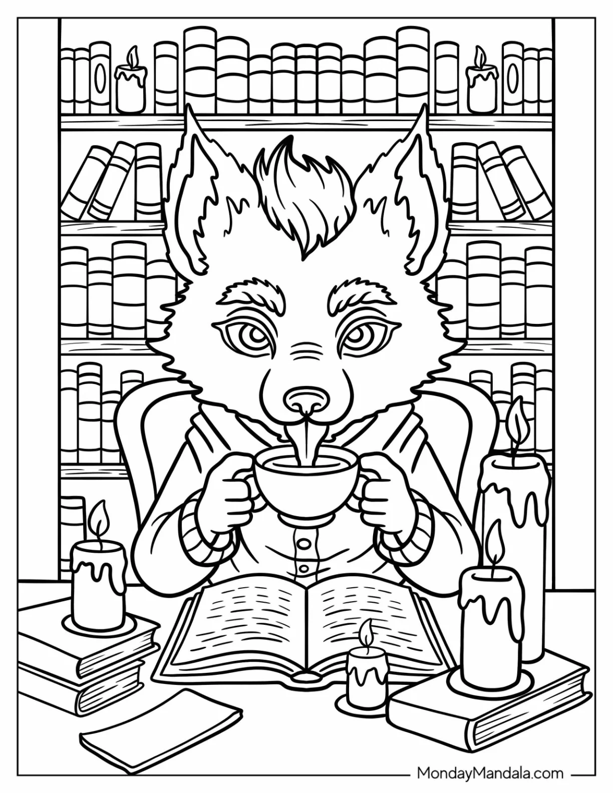 Elderly Werewolf Coloring Page Drinking Tea in a Library with Candles coloring page