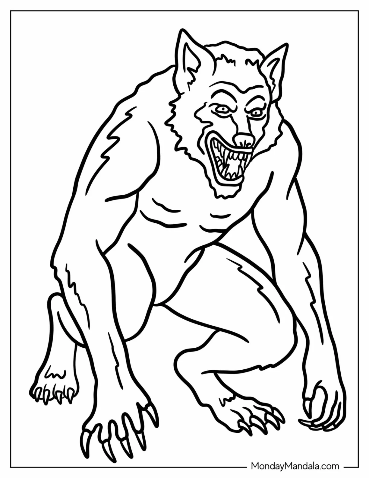 Frightening Werewolf Coloring Page with Sharp Teeth Outline coloring page