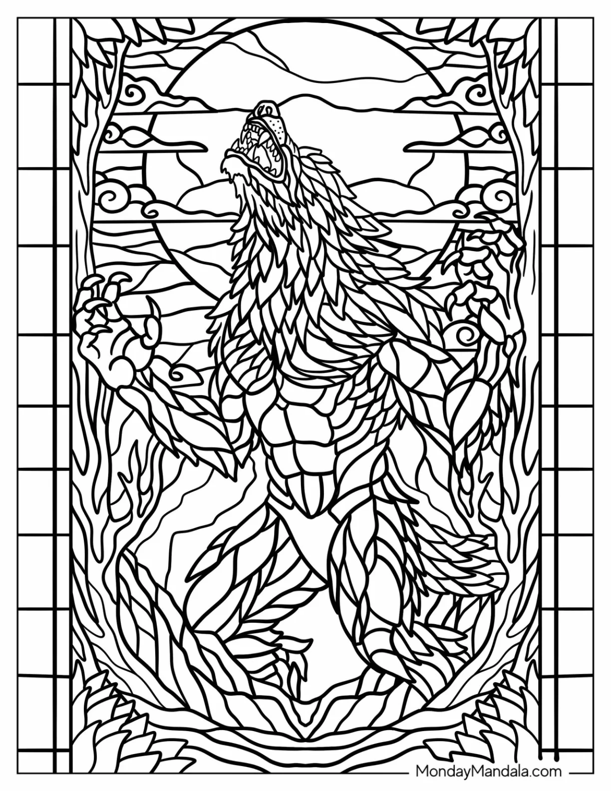 Howling Werewolf Coloring Page in the Woods Stained Glass with Full Moon and Clouds Background coloring page