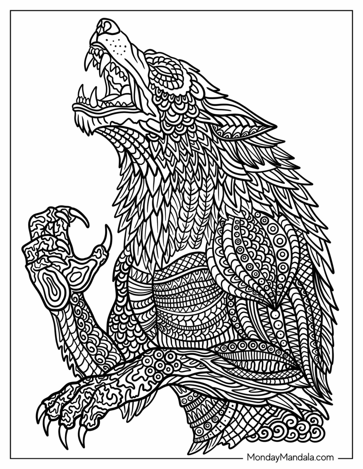 Intricate Howling Werewolf Coloring Page Mandala coloring page — printable line art