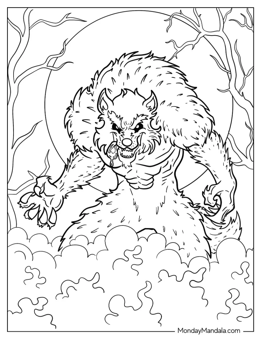 Large Werewolf Coloring Page Smirking In Foggy Landscape coloring page
