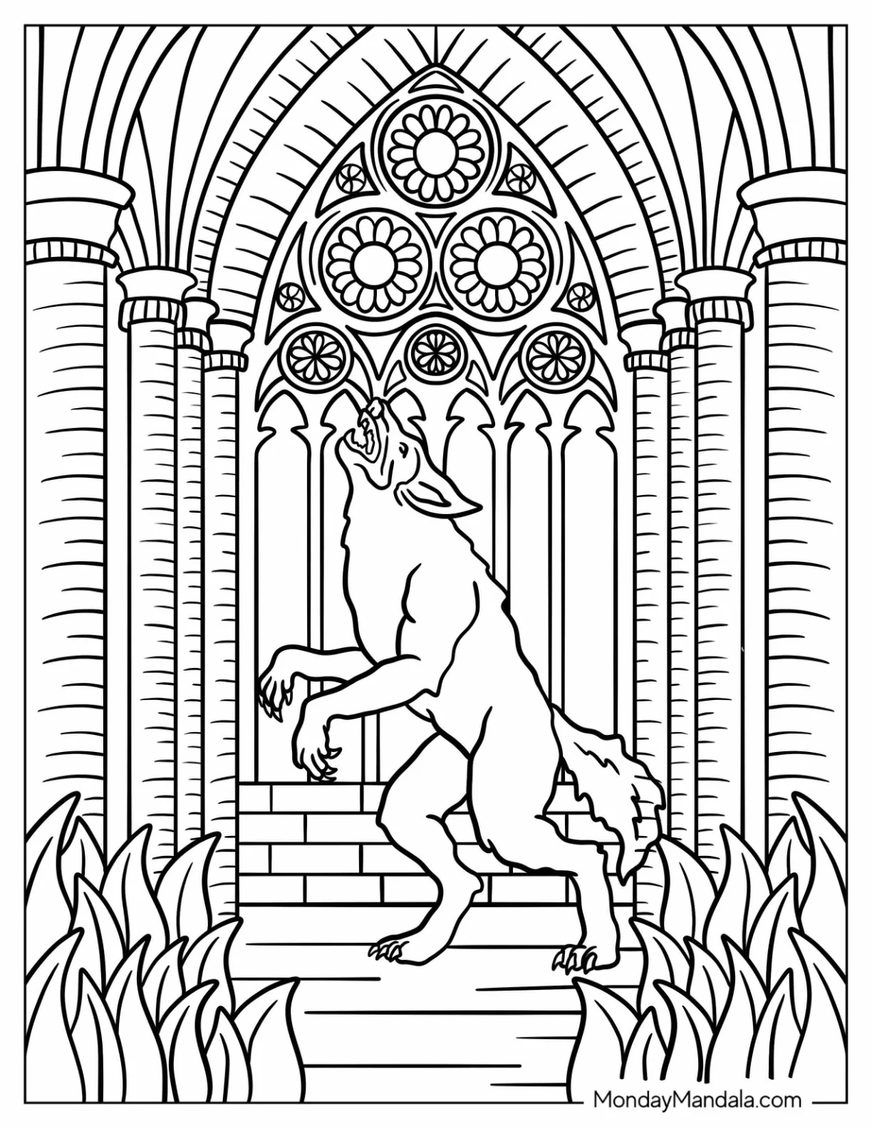 Massive Werewolf Coloring Page Howling inside a Cathedral coloring page