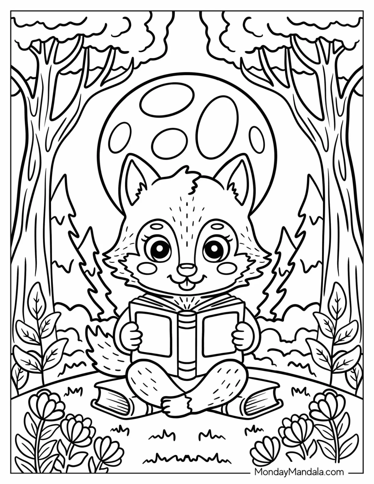 Nerdy Werewolf Coloring Page Reading Books in a Forest for Kids coloring page