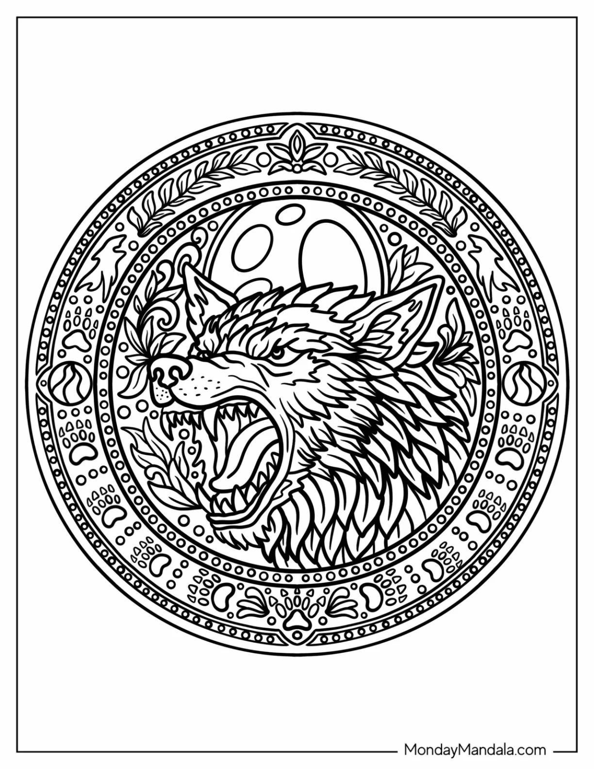 Realistic Werewolf Coloring Page inside a Mandala with Paws and Leaves coloring page