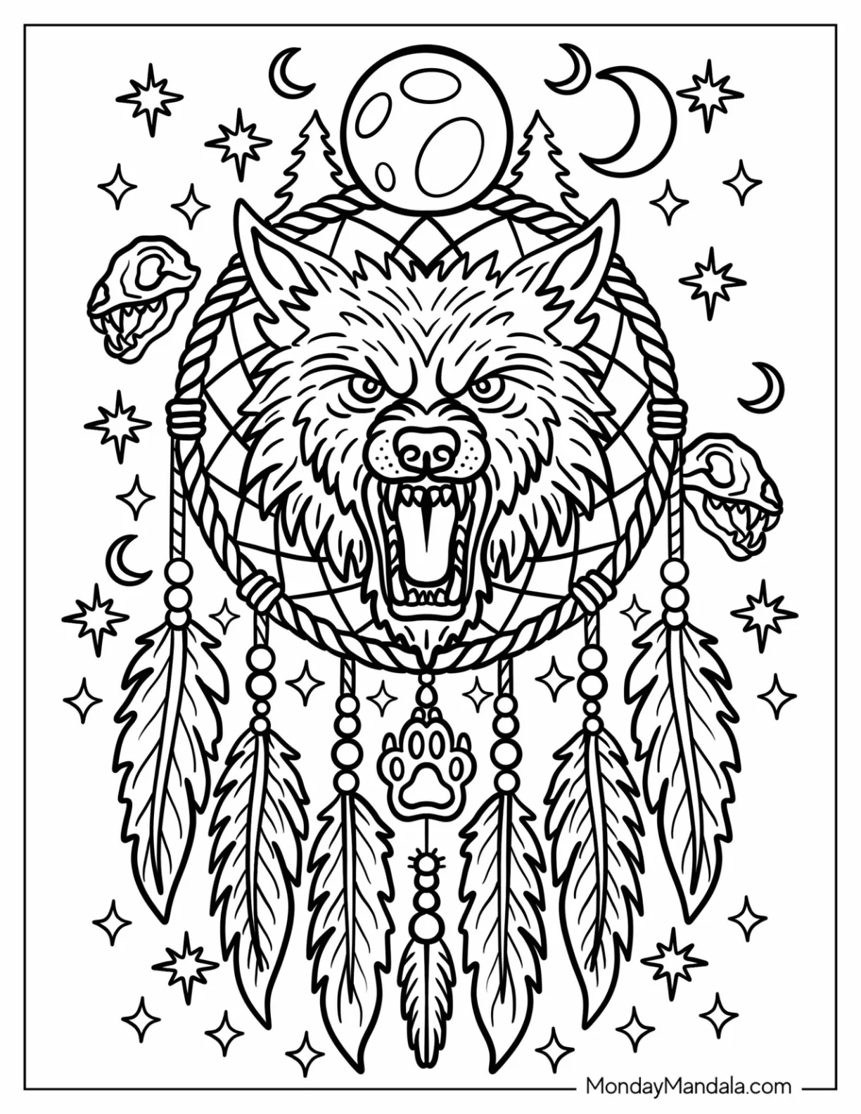 Scary Werewolf Coloring Page Dreamcatcher with Moon and Stars coloring page