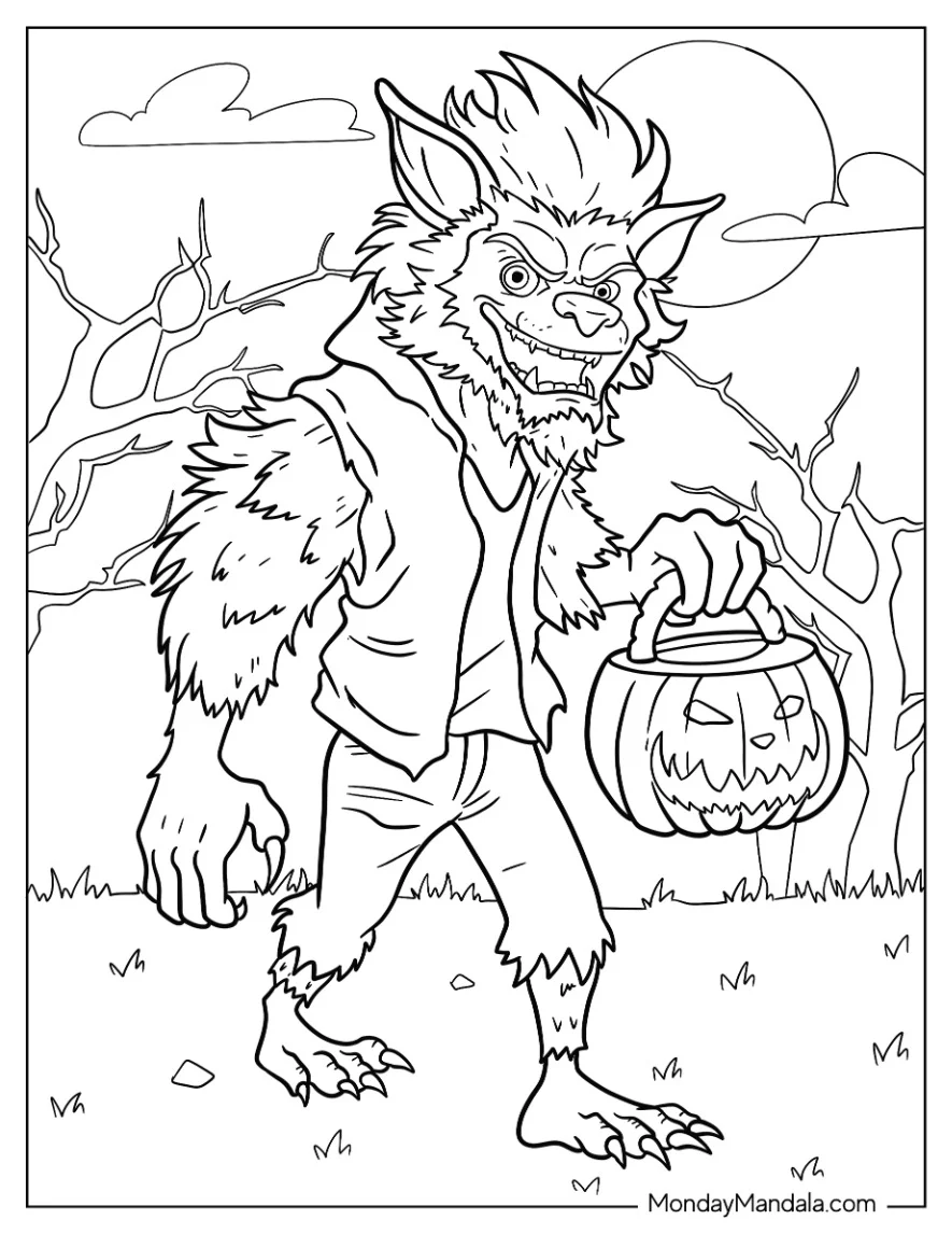 Smiling Werewolf Coloring Page Holding Jack O Lantern Basket On Halloween coloring page