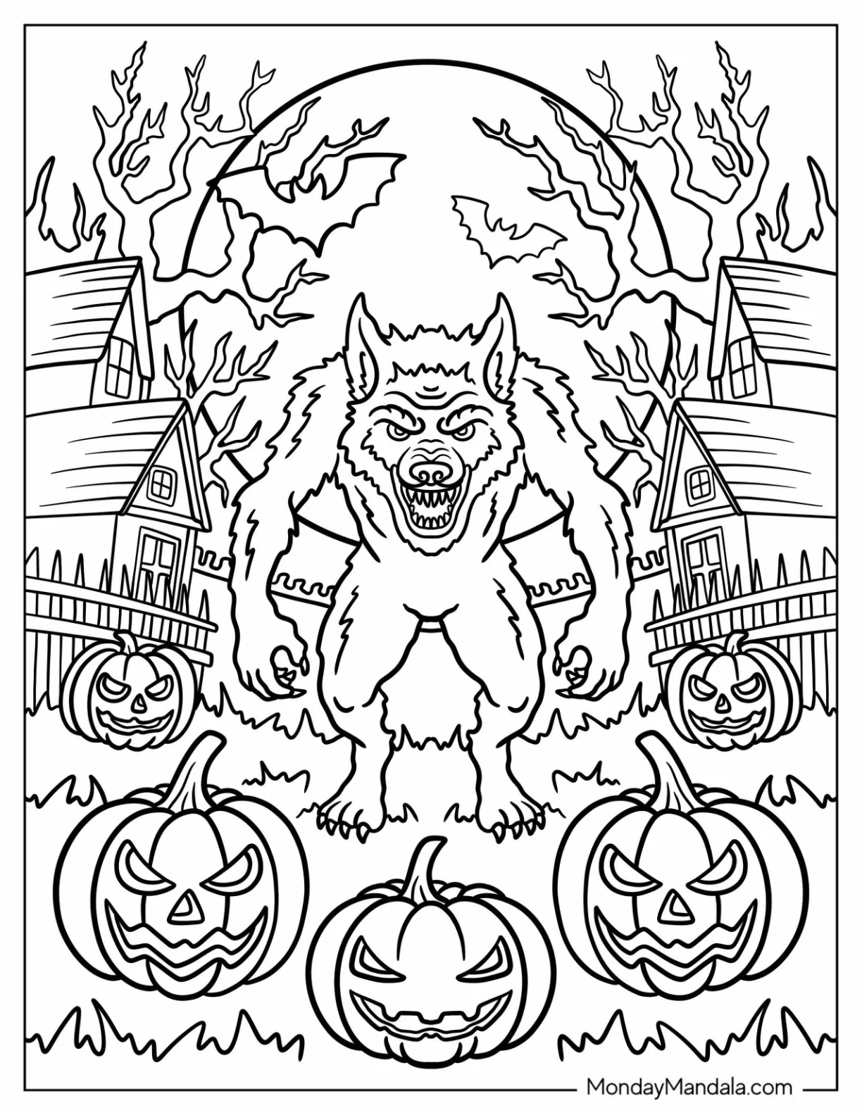 Snarling Werewolf Coloring Page in a Village with Jack O Lanterns coloring page