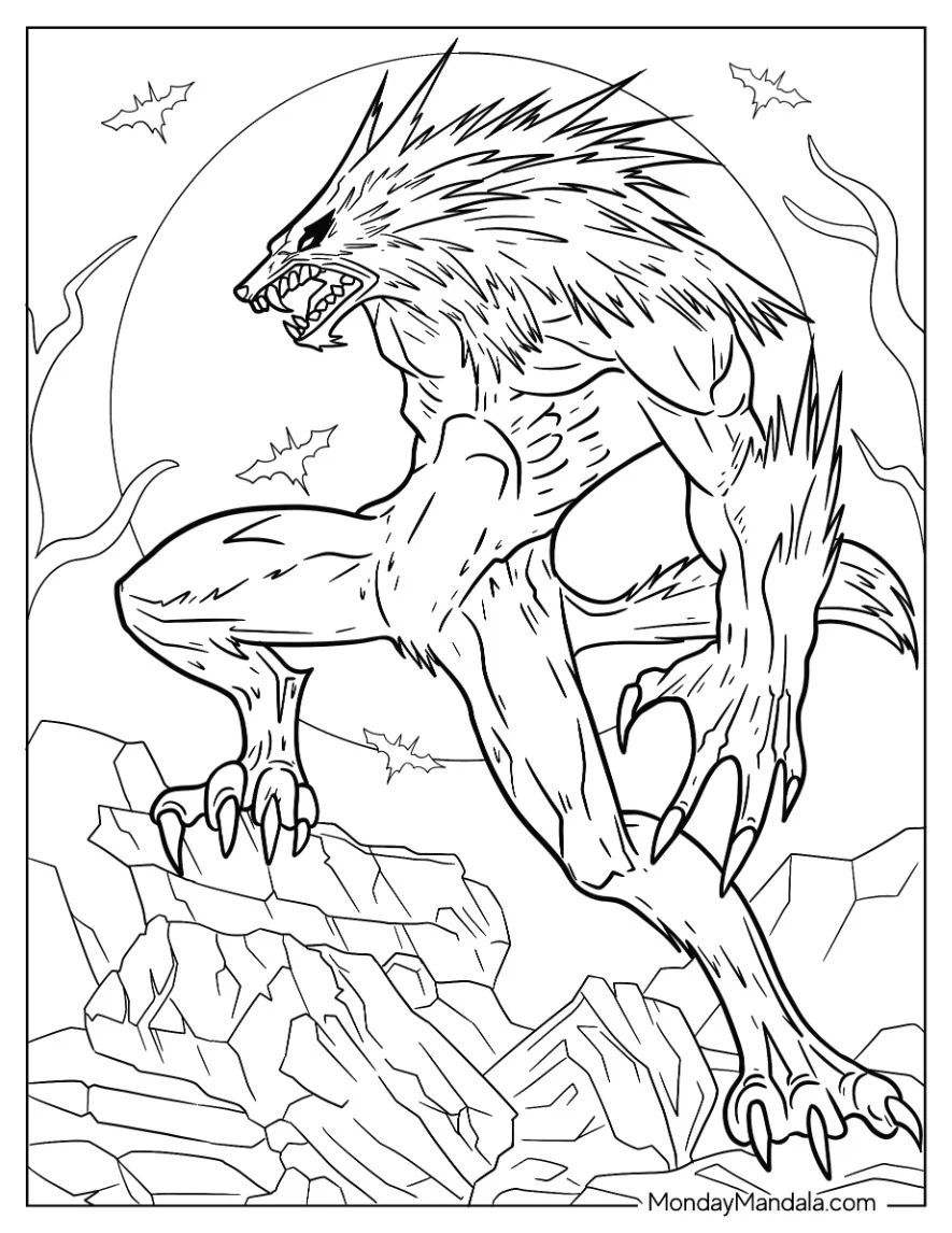 Terrifying Werewolf Coloring Page At Full Moon coloring page