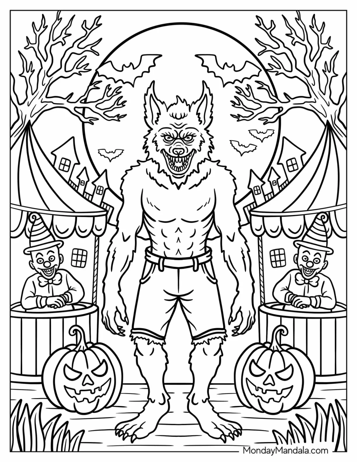 Terrifying Werewolf Coloring Page in a Carnival with Clowns coloring page