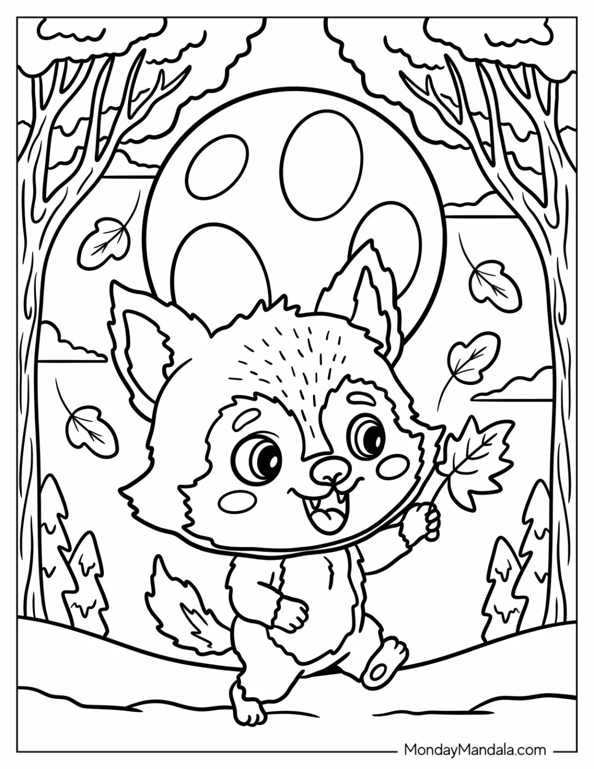 Tiny Werewolf Coloring Page Catching Falling Leaves in a Forest coloring page