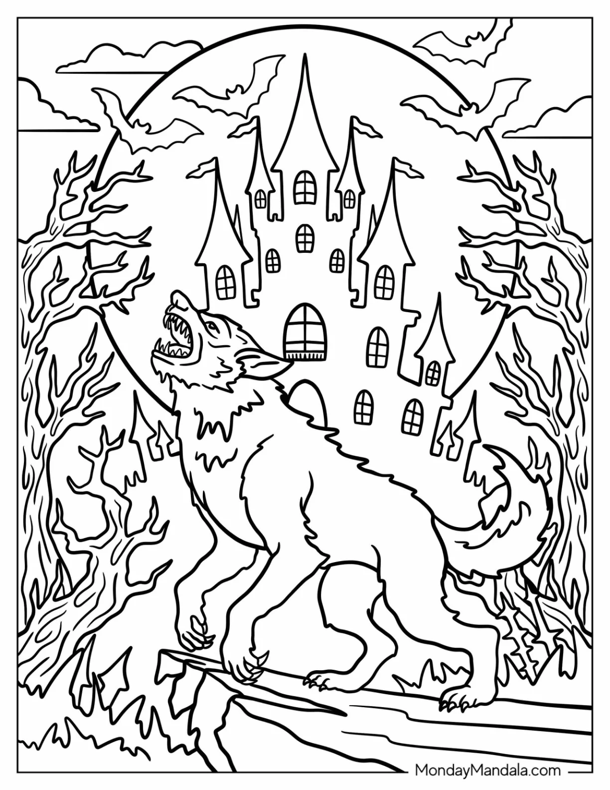 Werewolf Coloring Page Howling on a Cliff with Haunted House in the Background coloring page — printable line art