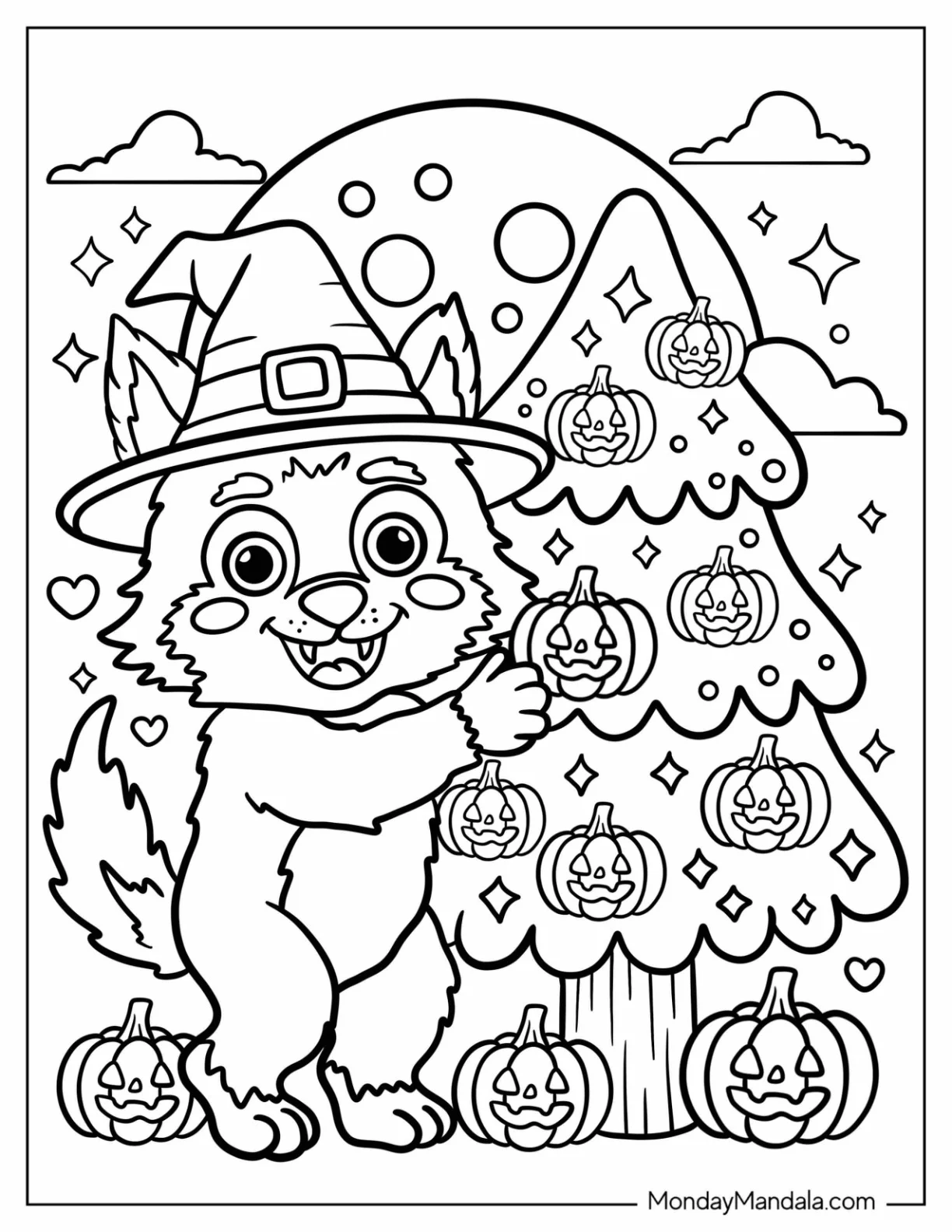 Werewolf Coloring Page in a Witch s Hat Decorating a Tree with Jack O Lanterns coloring page