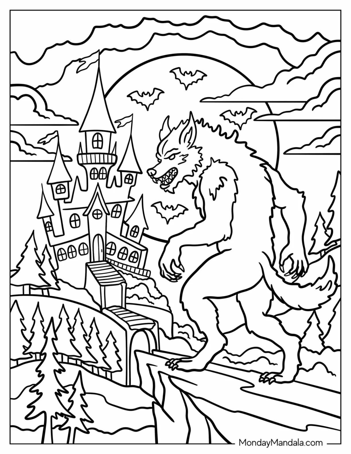Werewolf Coloring Page Walking Up to a Haunted House at Night for Kids coloring page