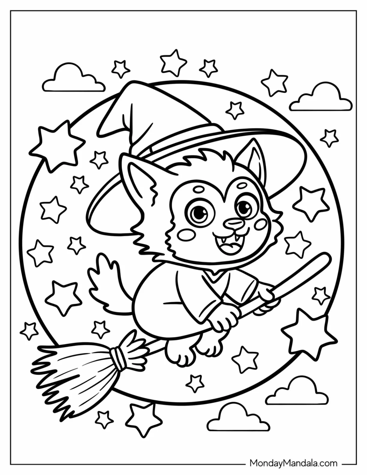 Witch Werewolf Coloring Page Fling across a Full Moon on a Broom coloring page — printable line art