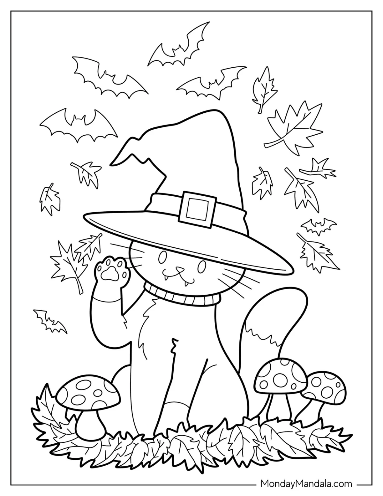 Adorable Cat Wearing Witch's Hat Coloring Sheet For Kids coloring page