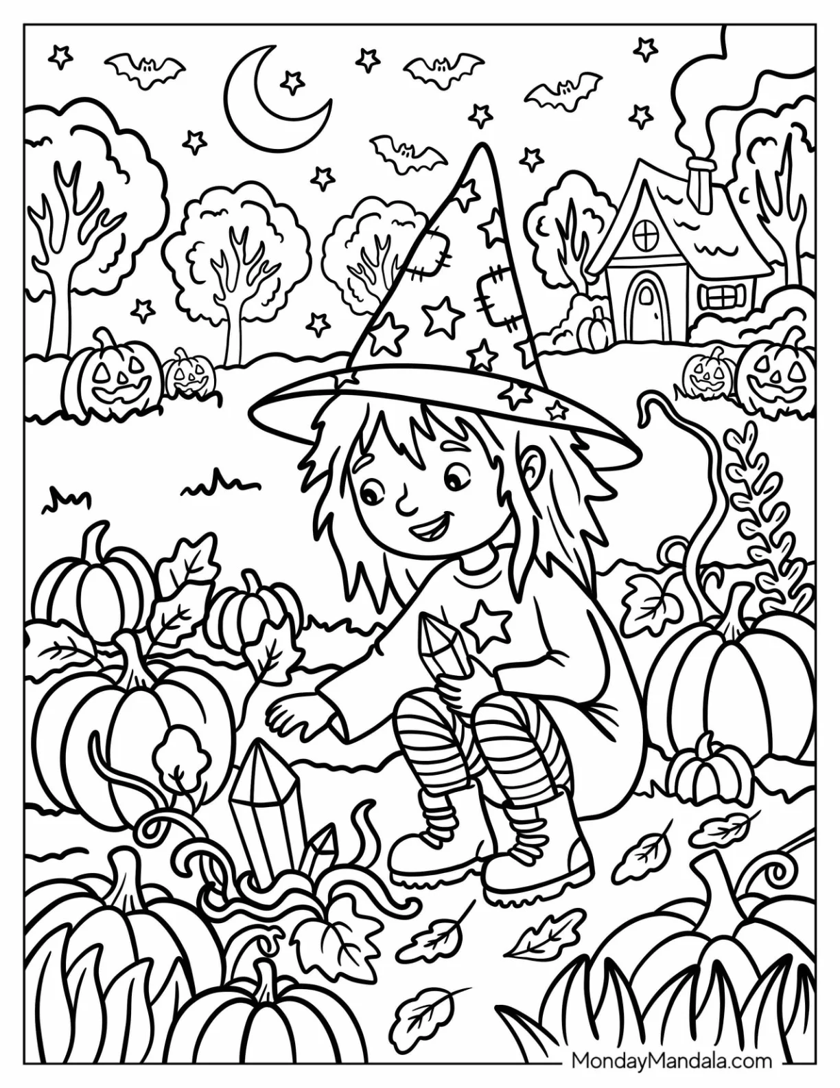 Adventurous Witch Collecting Crystals Coloring Page coloring page