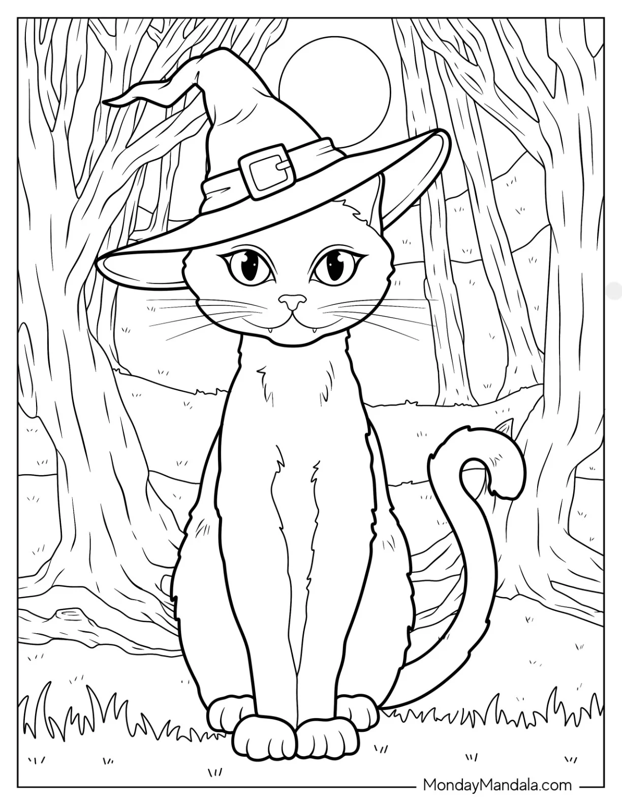Cute Cat With A Witch Coloring Page Hat On A Full Moon For Kids coloring page — printable line art