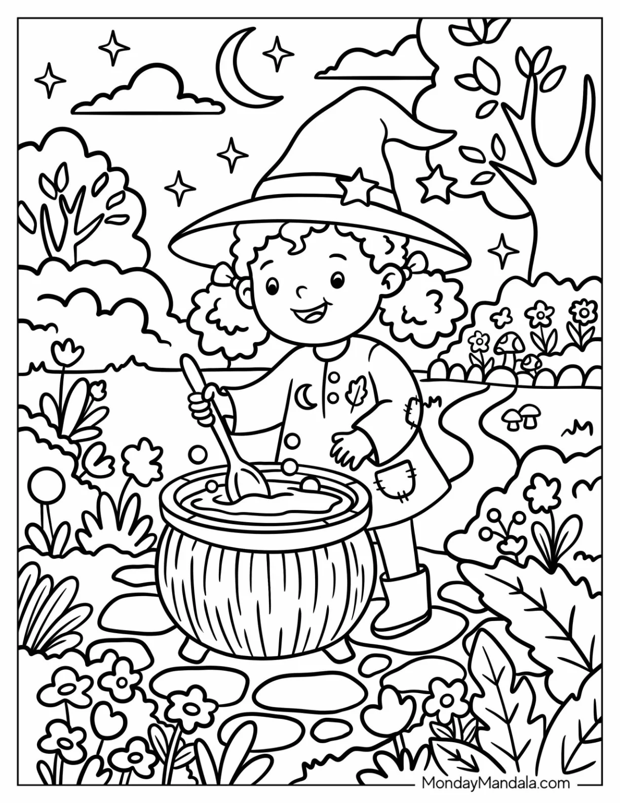 Cute Little Witch Stirring a Cauldron in the Garden coloring page