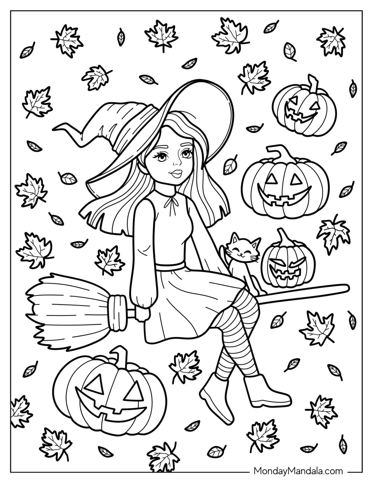 Cute Witch Coloring Page Flying On A Broom With Jack O Lantern And Fall Leaves In The Background coloring page — printable line art