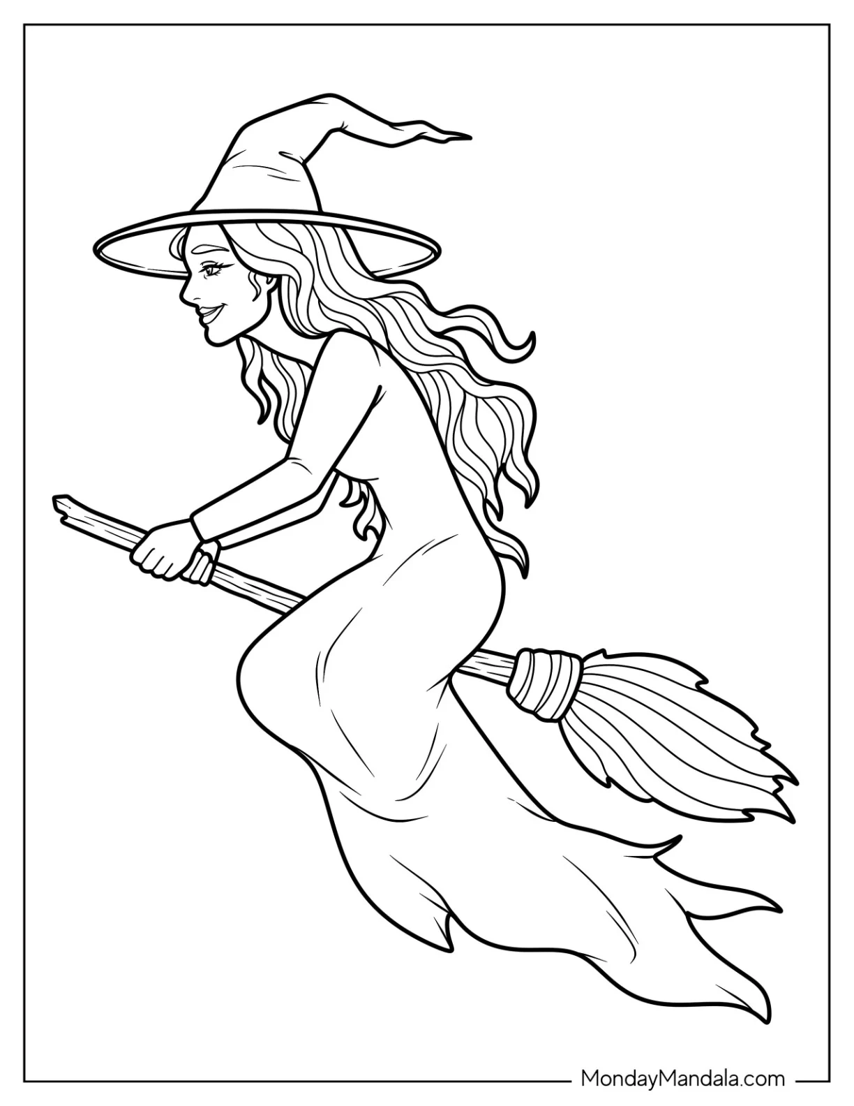 Easy Witch Coloring Page Riding On A Broomstick For Kids coloring page — printable line art