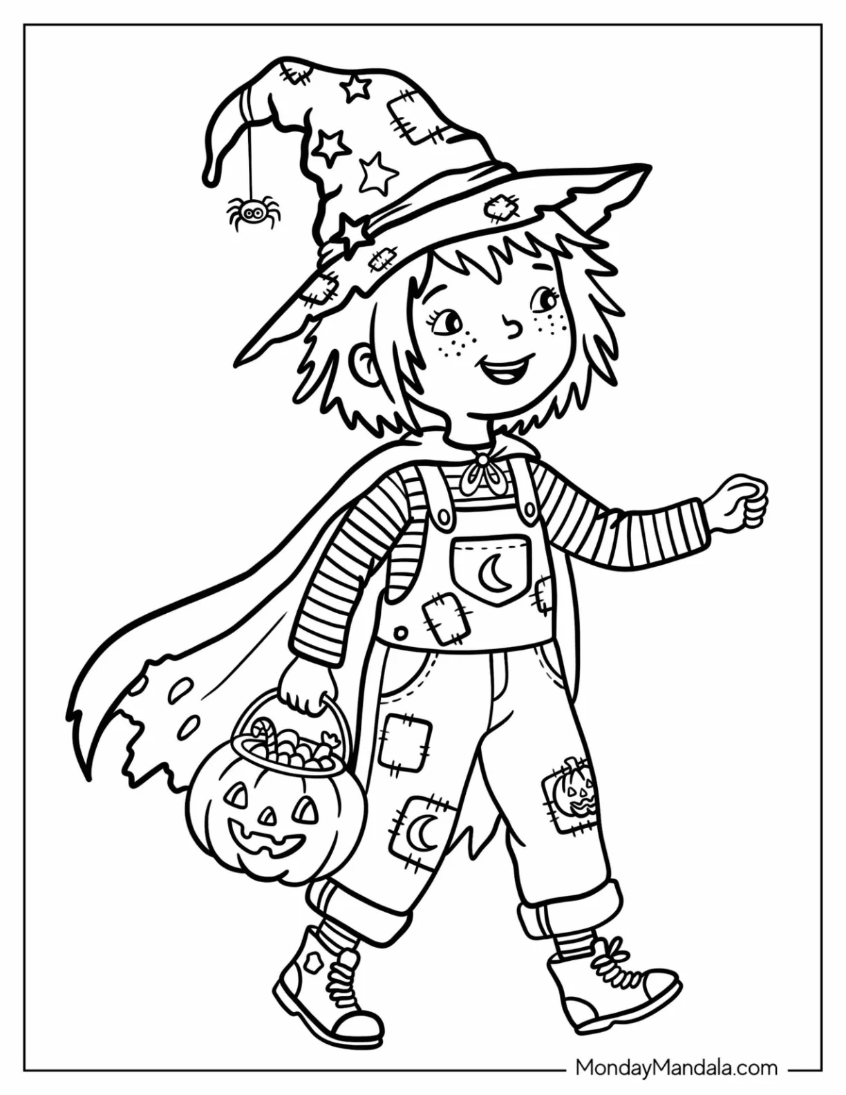Girl in Ragged Witch Costume Trick or Treating Coloring Sheet coloring page