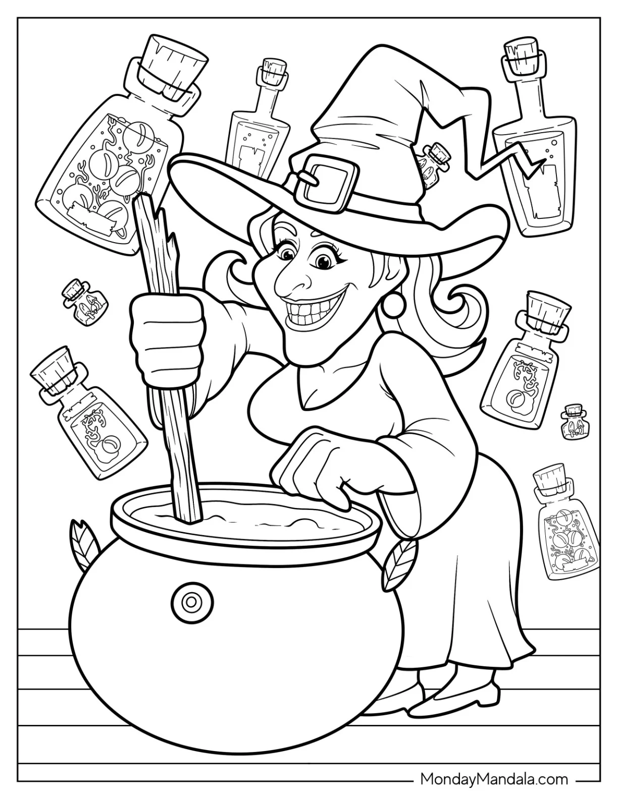 Grinning Witch Coloring Page Making Magic Potion coloring page