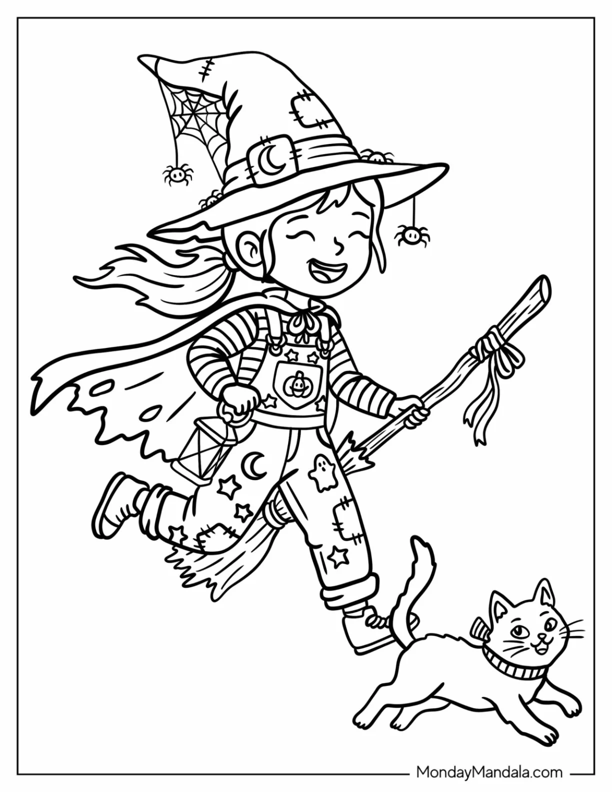 Happy Witch Girl Running with Her Broom and Cat Coloring Page coloring page — printable line art