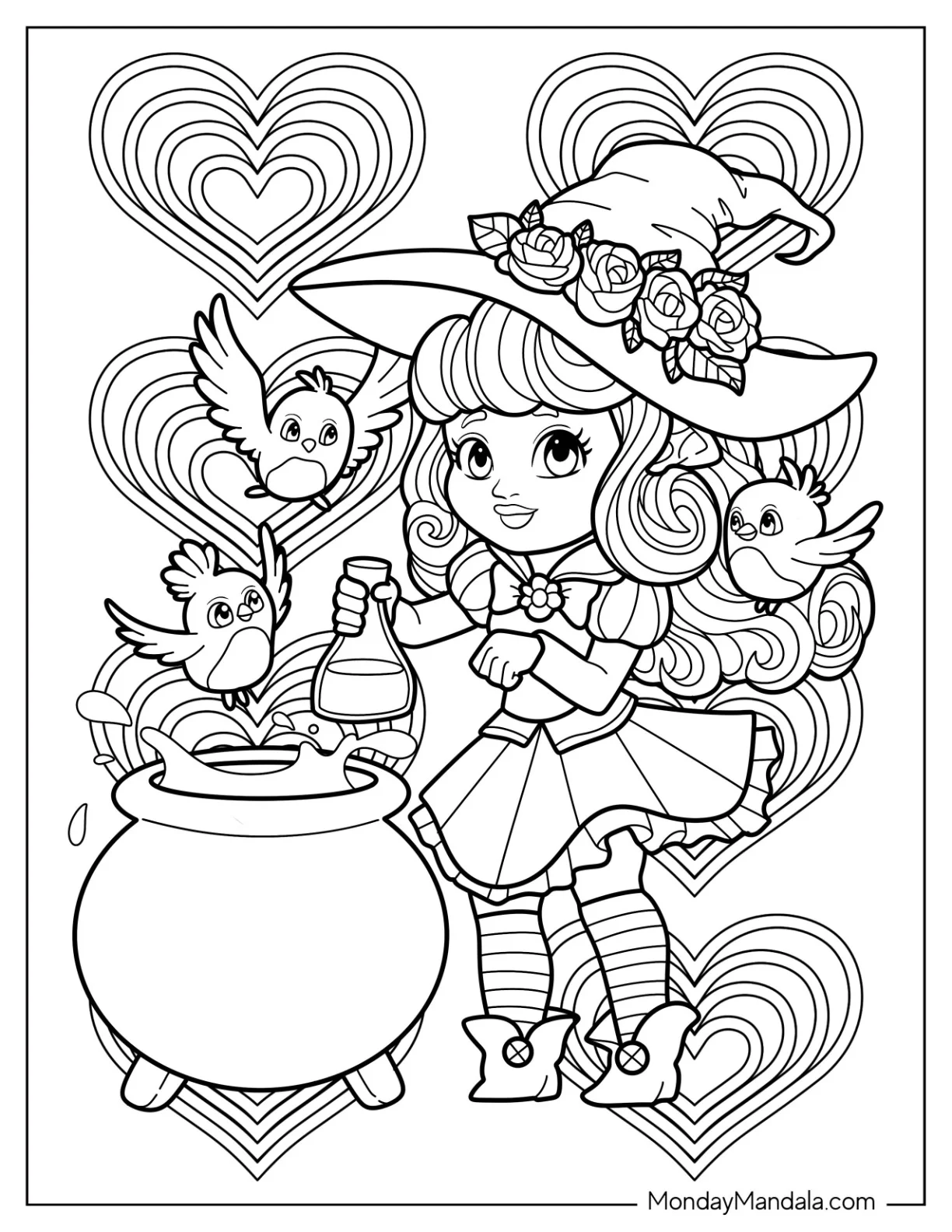 Kawaii Witch Coloring Page Making Potion With Birds Flying Around Her For Kids coloring page