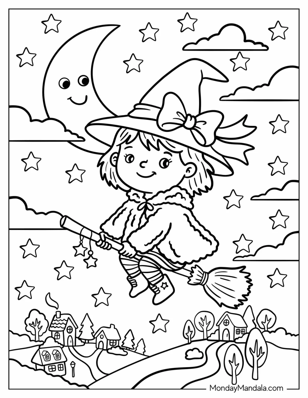 Kawaii Witch Flying on a Magical Broom at Night Coloring Page coloring page — printable line art