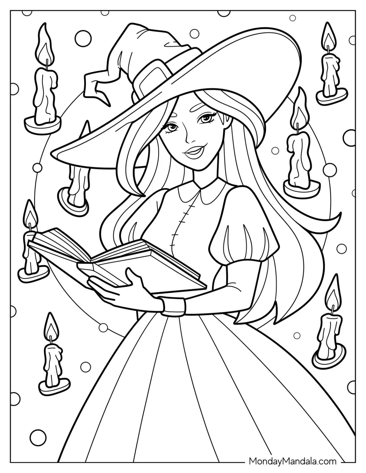 Lovely Witch Coloring Page Reading From A Spellbook coloring page — printable line art