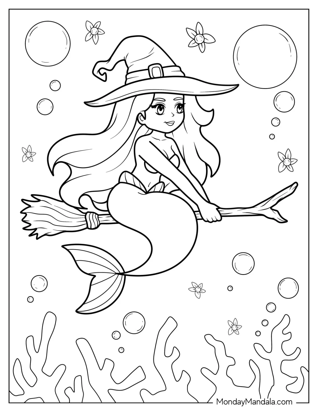 Mermaid Witch Coloring Page Riding A Broomstick Underwater coloring page — printable line art