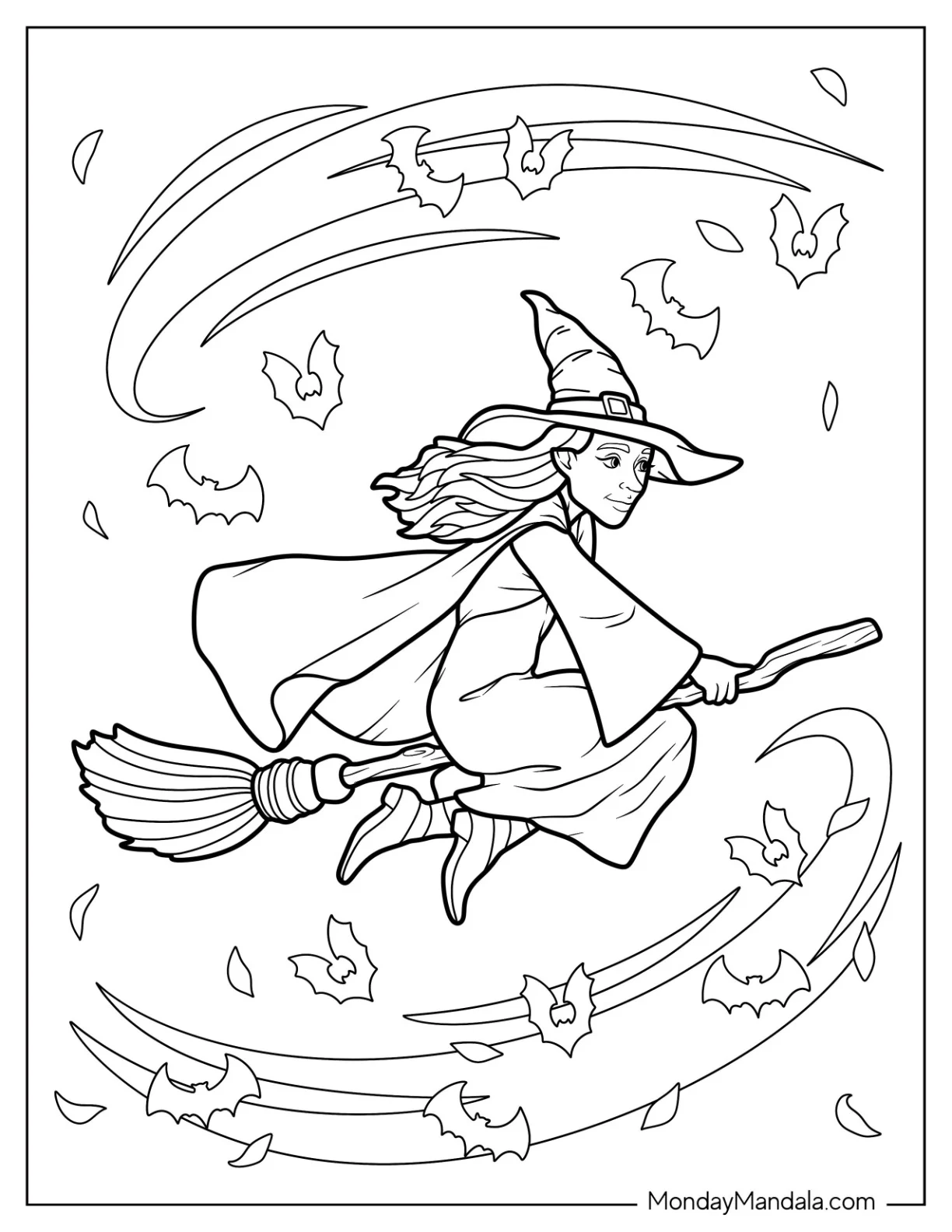 Powerful Witch Coloring Page Flying On A Broomstick On Halloween coloring page — printable line art