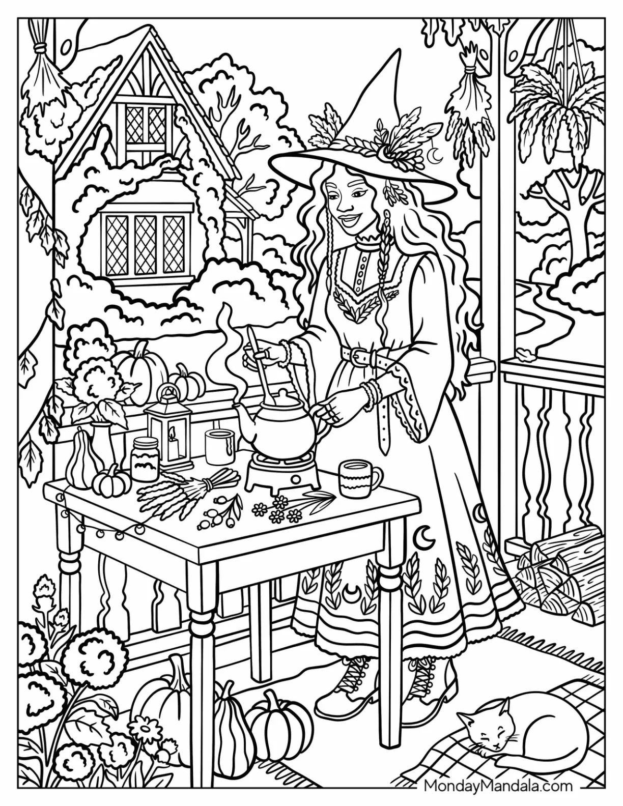 Pretty Witch Stirring a Pot in Her Garden coloring page — printable line art